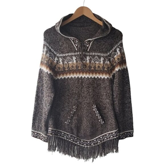 Peruvian Handmade Alpaca Hooded Sweater Ethnic Motifs Fringed Hem - Picture 1 of 9